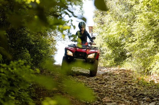 Quad rider framed by green foliage